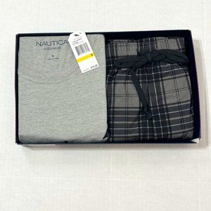 Nautica Sz M Men's PJ Set Heather Grey Multi Crew Neck Cozy Pants